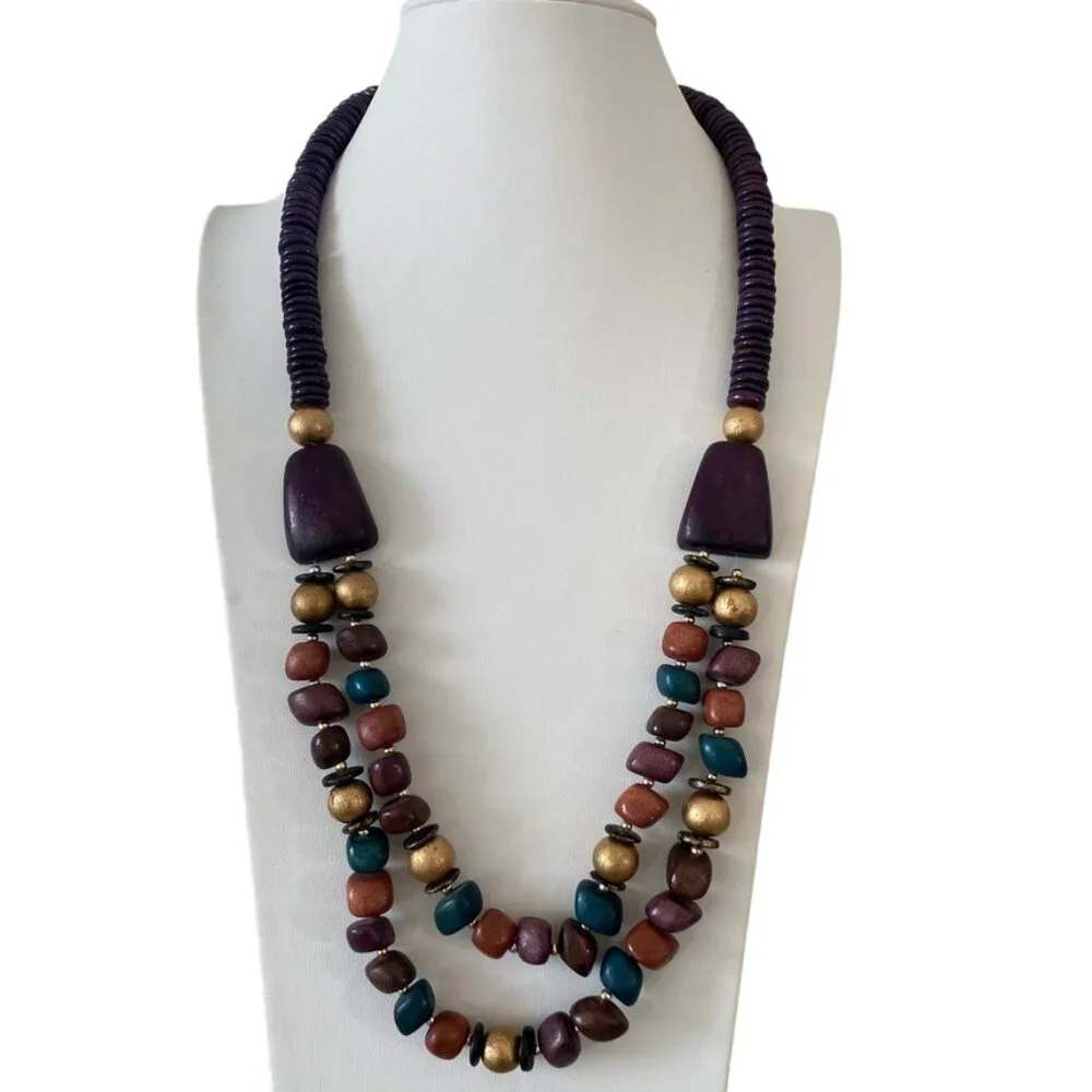 70s wooden necklace double strant multicolor